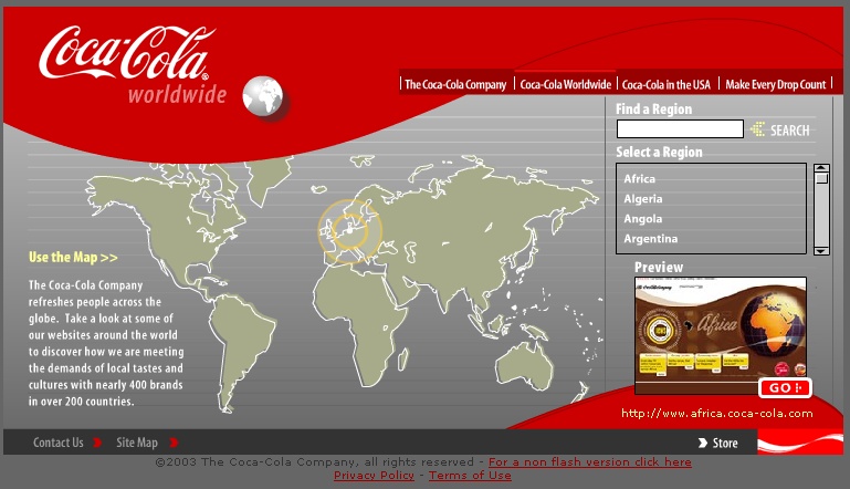 A country selector on the Coca-Cola web site