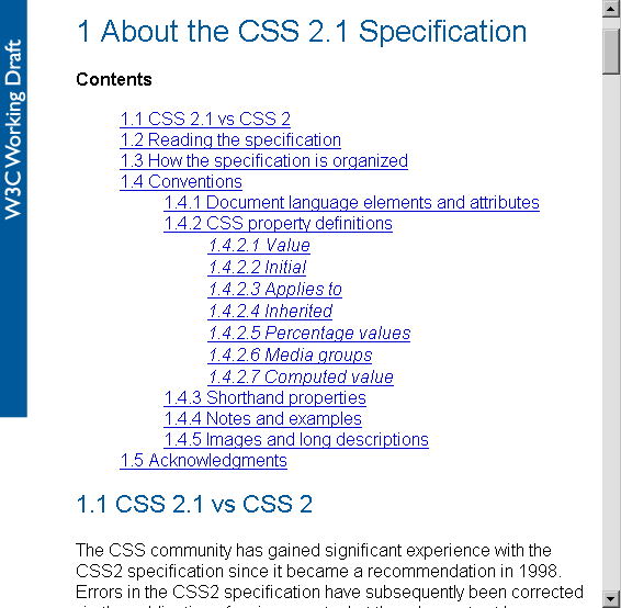 Internal page links for the CSS 2.1 specification on the W3C site