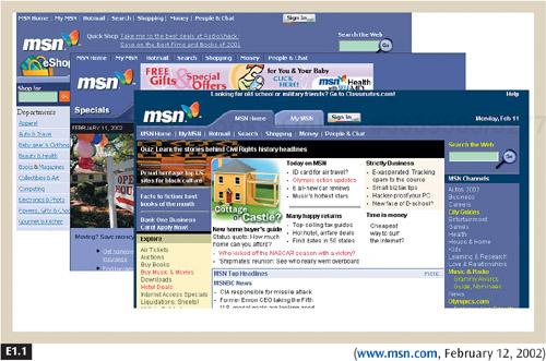 MSN uses color, layout, fonts, and its logo consistently throughout its site to reinforce its brand.