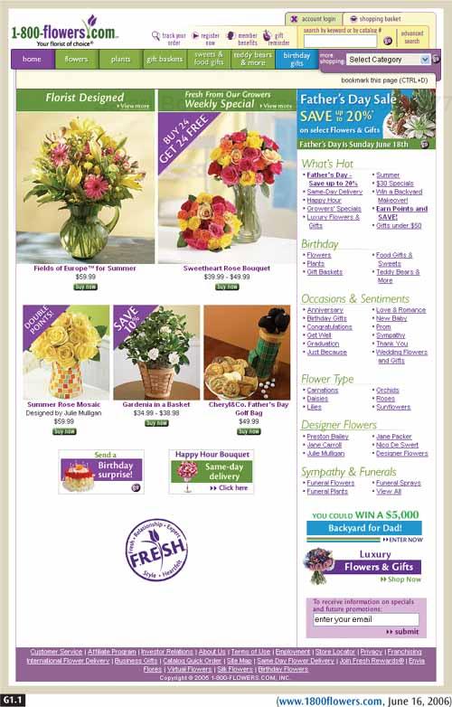 Advanced E-Commerce (Pattern Group G)FEATURED PRODUCTS (G1)FEATURED PRODUCTS (G1) Products, featured.Products, featuredexamples1-800-flowers.com highlights several kinds of featured products, including “Florist Designed,” as well as specials like “DOUBLE POINTS!” and “SAVE 10%.” The attractive photographs also give the flowers a seductive quality.