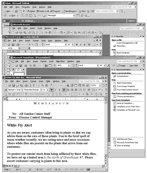 Menus and toolbars in the Office applications.