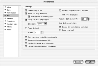 Edit Preferences - Microsoft Excel X for Mac OS X: Visual QuickStart Guide  [Book]