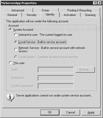 COM+ server identity in Windows Server 2003