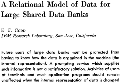 You can read E.F. Codd's A Relational Model of Data for Large Shared Data Banks (Communications of the ACM, Vol. 13, No. 6, June 1970, pp. 377-387) at www.acm.org/classics/nov95/toc.html. Relational databases are based on the data model that this paper defines.