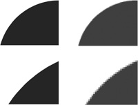 Vector drawings (top left) are mathematically generated smooth lines, whereas raster images (top right) are composed of pixels.