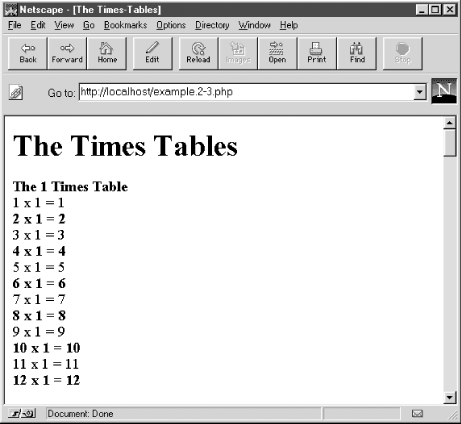 The output of the times-tables script shown rendered in a Netscape browser