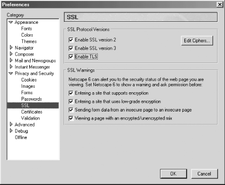 Netscape Navigator’s Security Preferences panel