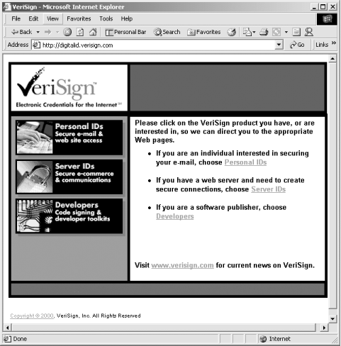 The home page for VeriSign’s Digital ID Center