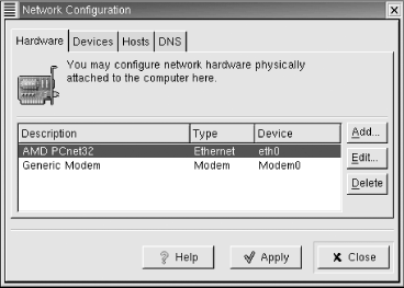 The Hardware tab of the Network Configuration dialog box