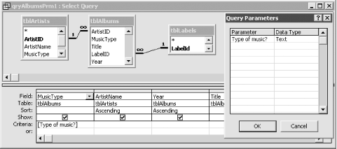 The qryAlbumsPrm1 parameter query in design view