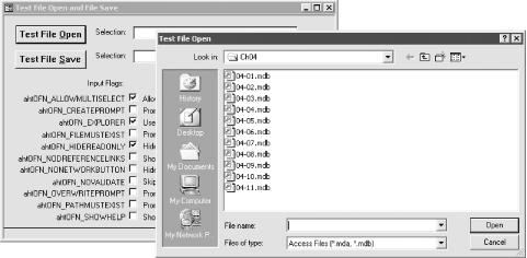 The sample form, frmTestOpenSave, showing the File Open dialog in use