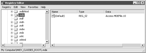REGEDIT.EXE, showing file types registered on a typical system