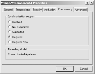 The Concurrency tab lets you configure your component’s synchronization requirements