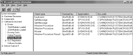 Displaying system hooks in Microsoft System Information