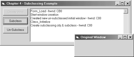 Screenshot of the example application after clicking the Create Wnd button