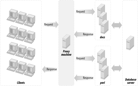 A proxy machine, machine(s) with mod_perl-enabled Apache, and the database server machine