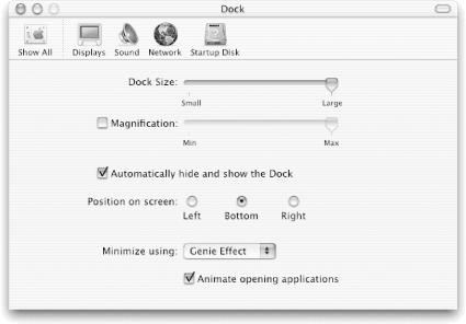 The Dock pane in the System Preferences application