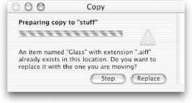 Finder alert warning that a copy command may replace an existing file