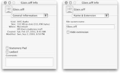 The General Information and Name & Extension panes of the Info dialog