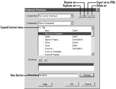 The Keyboard Shortcuts dialog box