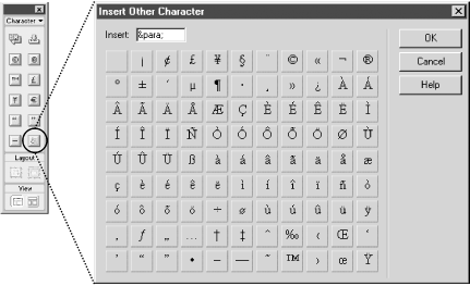 Objects panel’s Character category and the Insert Other Category dialog box