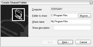 The Create Shared Folder dialog provides an alternate way to share any folder on your hard disk with other computers on your network