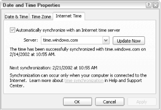 A new feature in Windows XP, Internet Time, will automatically synchronize your PC’s clock with Microsoft time