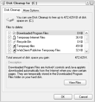 The Disk Cleanup dialog shows several locations of files that can probably be safely deleted