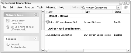The Network Connections window allows you to connect your computer to a local network or to the Internet