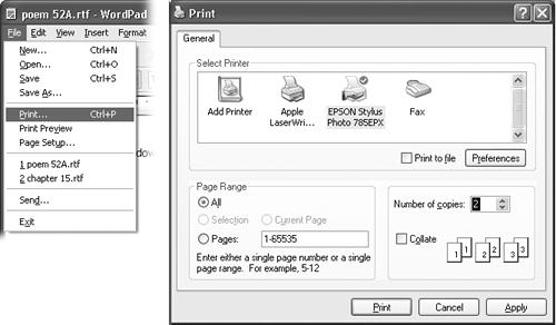 Here’s how you might print two copies of a document without using the mouse at all. First, press Alt+F, which opens the File menu (left). Then type the letter P, which represents the Print command. Now the Print dialog box appears (right); press Alt+C to highlight the Copies box; type the number of copies you want; and then press the Enter key to “click” the Print button. (The Enter key always means, “Click the default button in the dialog box—the one with a shadowed border.”)
