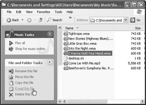 The new task pane commands are sometimes extremely useful (“Set as desktop background” when you click a picture file); other times, they’re invitations to send money to Microsoft and its partners (“Shop for music online,” “Order prints online”). In any folder containing photo or music files, like the MP3 files shown here, controls appear that let you conduct a slide show, or a concert of your MP3 files, right there on the desktop.