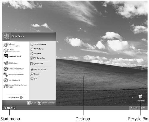 A brand new Windows XP computer screen looks like this. Everything you’ll ever do on the computer will begin with a click on one of these three elements: a desktop icon, the Start button, or the taskbar, which is described in Chapter 3. (The Start menu, now in a new, improved two-column format, lists every significant command and software component on your PC.) Some people enjoy the newly streamlined Windows XP desktop. Others deliberately place additional icons on the desktop—favorite programs and documents—for quicker access. Let your personality be your guide.