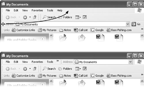 Top: The three basic toolbars that you can summon independently for any desktop window—and also in Internet Explorer. Bottom: By dragging the vertical left-side handle of a toolbar, you can make the displays more compact by placing two or more bars on the same row. You can even drag one directly up into the menu bar, as shown here, to save additional vertical space.