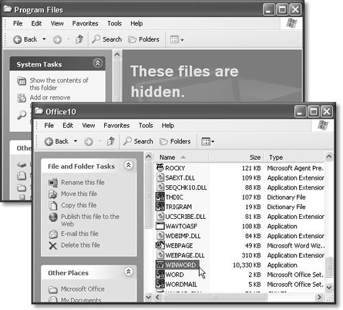 Top: The Program Files folder may start out looking empty. Bottom: Here’s what Microsoft Word actually looks like—75 little software crumbs in your Program Files→Microsoft Office→Office10 folder. Only one of these icons (the one called WINWORD) is the actual program. But don’t try to move it, or any of its support files, out of this folder. (It’s OK, however, and even encouraged, to drag this icon onto your Start menu or Quick Launch toolbar.)