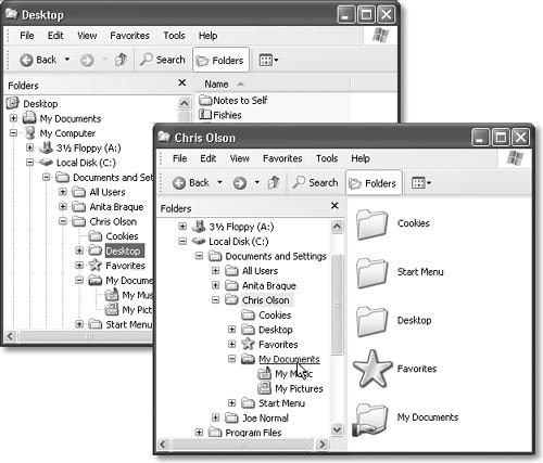 Front: Windows Explorer offers a treetop view of your computer’s hierarchy. When you click a disk or folder in the left pane, the right pane displays its contents, including files and folders. Click the + button to “expand” a disk or folder, opening a new, indented list of what’s inside it; click the — button to “collapse” the folder list again. Back: If you turn off the new “simple folder view” display, the dotted vertical and horizontal lines in the left pane help you keep track of the hierarchical levels.