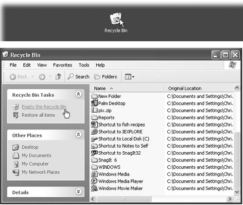 When you double-click the Recycle Bin (top), its window (bottom) displays information about each folder and file that it holds. To sort its contents, making it easier to find a deleted icon, click the gray column heading for the type of sort you need.