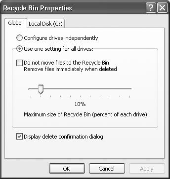 Use the Recycle Bin Properties dialog box to govern the way the Recycle Bin works, or even if it works at all. If you have multiple hard drives, the dialog box offers a tab for each of them so you can configure a separate and independent Recycle Bin on each drive.