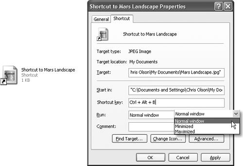 You can distinguish a desktop shortcut (left) from its original in two ways. First, the tiny arrow “badge” identifies it as a shortcut; second, its name contains the word shortcut. Right: The Properties dialog box for a shortcut indicates which actual file or folder this one “points” to. The Run drop-down menu (inset) lets you control how the window opens when you double-click the shortcut icon.