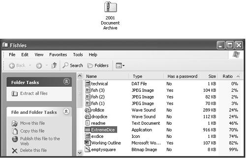Top: A Zip archive looks just like an ordinary folder—except for the tiny little zipper. Bottom: Double-click one to open its window and see what’s inside. Notice (in the Ratio column) that JPEG graphics and GIF graphics usually don’t become much smaller than they were before zipping, since they’re already compressed formats. But word processing files, program files, and other file types reveal quite a bit of shrinkage.
