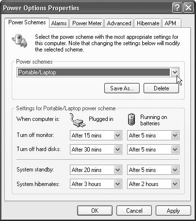 The Power Options program is a shape-shifter, meaning which set of tabs it has, and which controls are available on each one, vary from one PC to the next. Some of these tabs appear only if you have a laptop (or a UPS—an uninterruptible power supply). Others depend on how new the PC is, and which version of the standard power-management circuitry it contains.