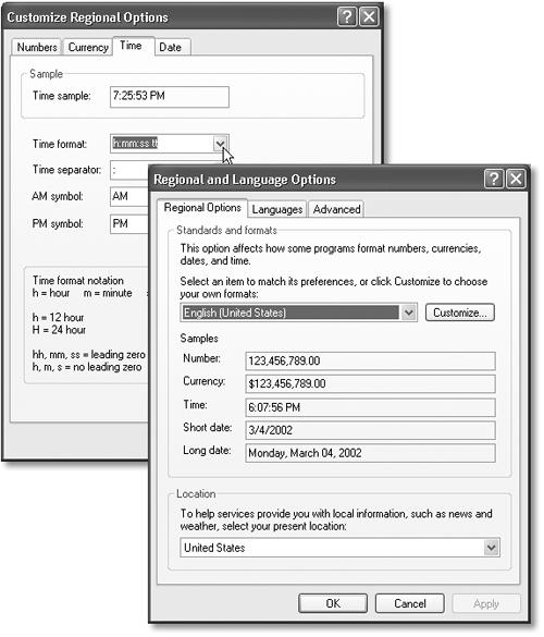 Lower right: The Regional Options tab is a summary of the crazy settings that you can change by clicking the Customize button—which opens the Customize Regional Options dialog box (upper left). The changes you make here are reflected in the date and time stamps on your files located in list-view folder windows, and in Microsoft Excel (in the case of your Currency-tab choices).