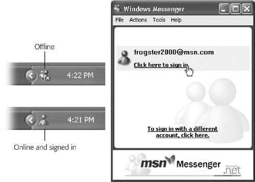 Left: To open Windows Messenger, double-click its icon in your notification area. (This icon’s appearance indicates whether or not you’re online and signed in.) Right: If Windows Messenger didn’t automatically sign you in when you went online, you may have to click the link to do so. (This dialog box may look different in your version of Messenger; Microsoft updates this Windows component, via the Automatic Updates feature, more often than almost any other.)