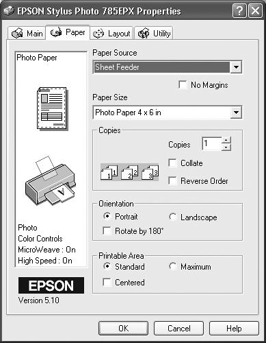 When you choose Properties from the Print dialog box, you can specify the paper size you’re using, whether you want to print sideways on the page (“Landscape” orientation), what kind of photo paper you’re using, and so on. Here, you’re making changes only for a particular printout; you’re not changing any settings for the printer itself.