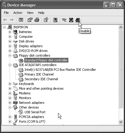 The Device Manager lists types of equipment; to see the actual model(s) in each category, you must expand each sublist by clicking the + symbol. A device that’s having problems is easy to spot, thanks to the red X’s and yellow exclamation points.