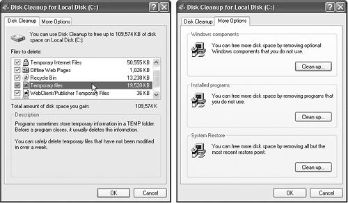 Left: Disk Cleanup announces how much free space you stand to gain. Click View Files to see the individual file icons in their native folders, for more selective deletion. Right: Links on the More Options tab lead to several uninstall functions, for quick removal of programs, Windows parts, and restore points.