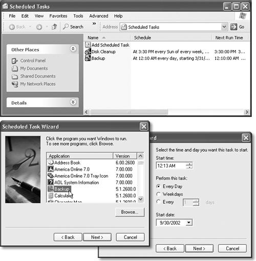 Top: The Task Scheduler keeps a calendar for Windows XP. Tasks appear in the schedule when you enter them manually or when other programs (such as the Maintenance Wizard) set them up. You can use the Task Scheduler window to add, modify, or remove tasks. (Make sure your computer is turned on during the time any task is supposed to run.) Bottom: The wizard will ask you what you want to open, and how often.
