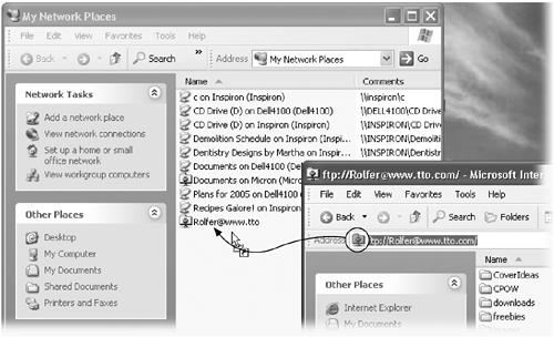 If you’ve already connected to some network server—whether on your network or on the Internet—here’s a very quick way to create a shortcut to it on your desktop for faster access next time. Just drag the tiny folder icon out of the Address bar. (You can put it on your desktop or, if it feels more consistent to do so, into your My Network Places folder.)