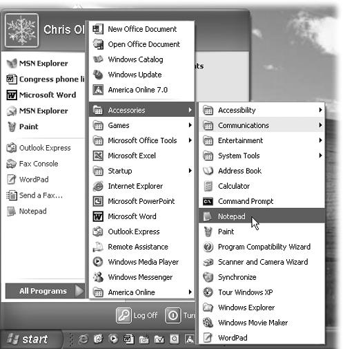 In this book, arrow notations help to simplify folder and menu instructions. For example, “Choose Start→All Programs→Accessories→Notepad” is a more compact way of saying, “Click the Start button. When the Start menu opens, click All Programs; without clicking, now slide to the right onto the Accessories submenu; in that submenu, click Notepad,” as shown here.