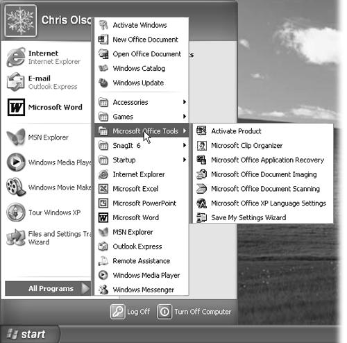 The Start→All Programs menu may list the actual application (such as Microsoft Word) that you can click to launch the program. But it may also list a program group, a submenu that lists everything in a particular application folder. Some software programs install a folder on the All Programs menu, like the Office Tools folder shown here, that contains commands for launching the software, uninstalling the software, running specific utilities, opening the help files, and so on.