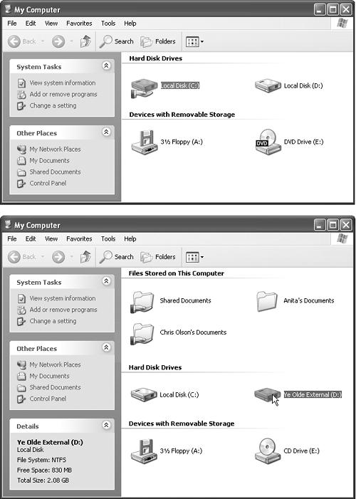 The My Computer window is divided into two sections on a computer that’s a member of a network domain, and three sections on a computer that’s a member of a workgroup. Top: The screen you see when your computer joins a network domain. At the top of the screen comes a list of hard drives, followed by a list of removable-disk drives. This computer has one floppy drive, two hard drives (or one partitioned hard drive, as described in Appendix A), and one CD-ROM drive. (If there’s a disk in the CD-ROM drive, you get to see its name, not just its drive letter.) Bottom: If your computer is a member of a workgroup, you see an additional section at the very top of the screen, which has an icon for the My Documents folder of each person who has an account on this computer. When you select a disk icon (on either type of computer) by clicking it, the Details pane on the left side of the window displays its file system, capacity, and amount of free space.
